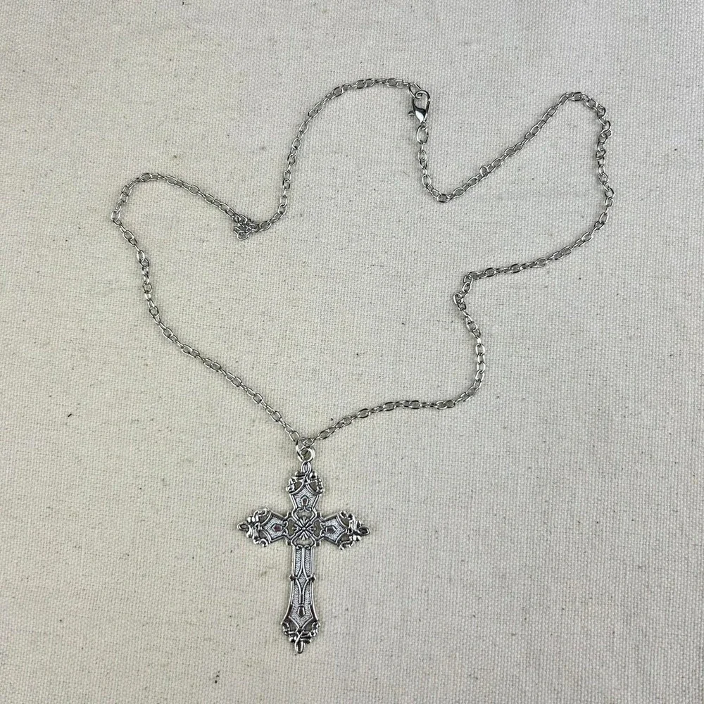 Vintage Y2K silver renaissance cross opium cyber punk style necklace emo goth